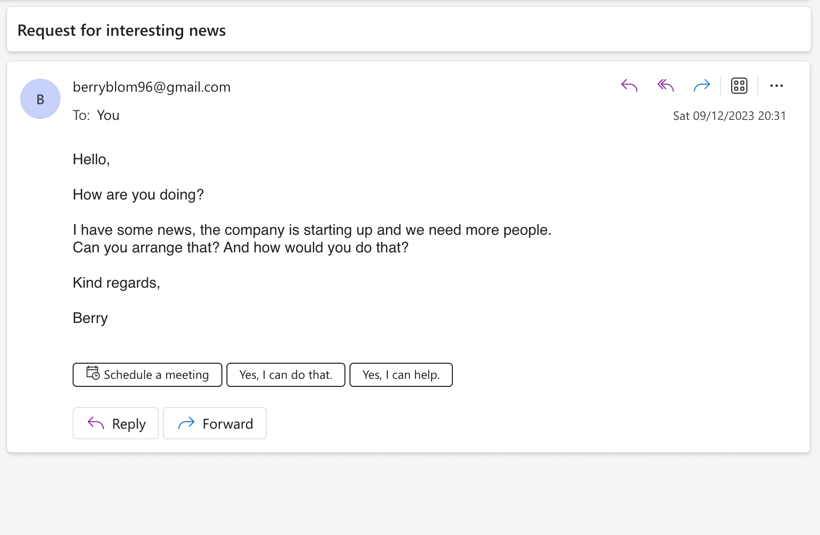 Sample email in Outlook